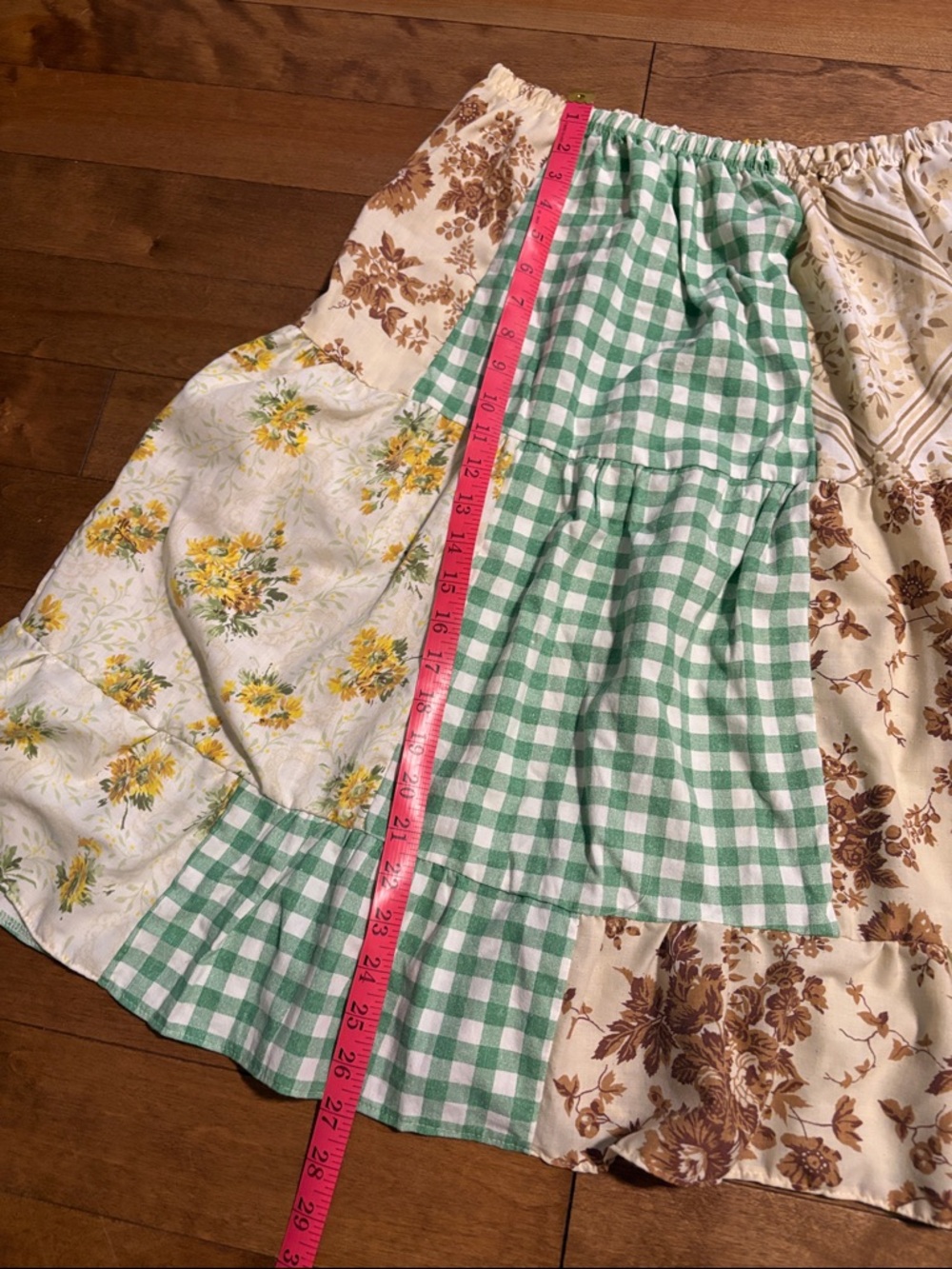Boho Patchwork Floral Skirt in Green and Cream made with Vintage Cotton Sheets - Picture 4 of 4